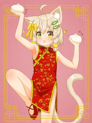Rule 34 | 1girl, absurdres, ahoge, animal ear fluff, animal ears, arm up, armpits, artist name, baozi, bare shoulders, blonde hair, blush, border, bow, cat ears, cat girl, cat tail, china dress, chinese clothes, covered navel, cowboy shot, dress, female focus, fish hair ornament, floral print, food, green eyes, hair bow, hair ornament, hairclip, hand up, hazakura hinata, heterochromia, highres, holding, holding food, japanese text, leg up, looking at viewer, motion lines, open mouth, original, outline, outside border, pink outline, red background, red dress, red footwear, shoes, short dress, short hair, sidelocks, signature, simple background, sleeveless, sleeveless dress, solo, sparkle, standing, standing on one leg, tail, translation request, yellow border, yellow bow, yellow eyes