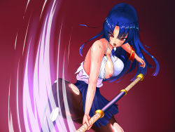 Rule 34 | 1girl, artist request, attack, axe, battle axe, blue hair, bra, breasts, female focus, gradient background, highres, holding, holding weapon, injury, large breasts, long hair, looking to the side, nipples, one breast out, pantyhose, red eyes, school uniform, shiny clothes, shiny skin, simple background, skirt, solo, sweat, taimanin (series), taimanin asagi, taimanin asagi zero, torn clothes, underwear, very long hair, weapon, yatsu murasaki