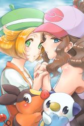 Rule 34 | armpits, bad id, bad pixiv id, beret, bianca (pokemon), blonde hair, breasts, commentary request, creatures (company), day, dicembre04, dress, from side, game freak, green eyes, green hat, half-closed eyes, hat, hilda (pokemon), holding hands, interlocked fingers, long hair, looking at viewer, multiple girls, nintendo, open mouth, outdoors, pocket, pokemon, pokemon (creature), pokemon bw, short hair, wavy hair, white hat