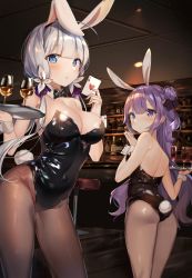 Rule 34 | 2girls, absurdres, animal ears, ass, azur lane, back, bad id, bad twitter id, bare shoulders, black leotard, blue eyes, blush, bow, bowtie, breasts, rabbit ears, rabbit tail, card, cleavage, covered navel, cup, detached collar, drinking glass, fake animal ears, from behind, grey hair, groin, highres, illustrious (azur lane), large breasts, leotard, looking at viewer, looking back, multiple girls, pantyhose, playboy bunny, playing card, purple eyes, purple hair, sabet (young ouo), strapless, strapless leotard, tail, tears, tray, unicorn (azur lane), wine glass, wrist cuffs