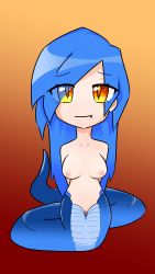 Rule 34 | 1girl, absurdres, blue hair, breasts, fang, highres, lamia, long hair, medium breasts, monster girl, navel, nipples, nude, pussy, slit pupils, smile, solo, yellow eyes