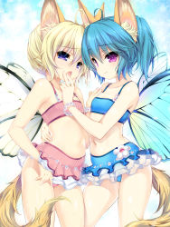 Rule 34 | 2girls, ahoge, animal ears, bad id, bad pixiv id, bikini, bikini skirt, blonde hair, blue bikini, blue eyes, blue hair, bluehole studio, blush, butterfly wings, character request, elin, emily (pure dream), finger to another&#039;s mouth, flat chest, fox ears, fox tail, highres, hug, insect wings, multiple girls, navel, open mouth, pink bikini, purple eyes, shiny skin, short hair, smile, swimsuit, tail, tera online, wings