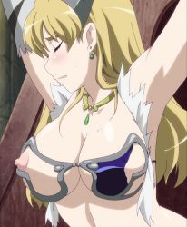 Rule 34 | 1girl, armor, blonde hair, breasts, chain, closed eyes, earrings, elina (queen&#039;s blade), female focus, highres, jewelry, long hair, necklace, nipples, queen&#039;s blade, solo, torn clothes, upper body