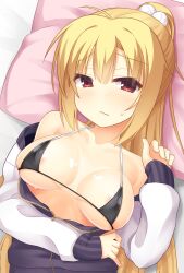 Rule 34 | 1girl, arihara nanami, bare shoulders, bed sheet, bikini, black bikini, black jacket, blonde hair, breasts, breasts apart, closed mouth, collarbone, commentary request, embarrassed, fingernails, frown, furrowed brow, hair between eyes, half-closed eyes, head on pillow, highres, jacket, large breasts, long hair, looking at viewer, multicolored clothes, multicolored jacket, open clothes, open jacket, pom pom (clothes), ponytail, red eyes, riddle joker, sidelocks, sleeves past wrists, solo, straight hair, sweat, swimsuit, tatsuya (trypaint), two-tone jacket, undressing, upper body, very long hair, white jacket, zipper