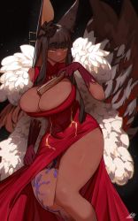 Rule 34 | 1girl, animal ears, body markings, breasts, brown hair, cleavage, commission, covered navel, dark-skinned female, dark skin, dress, female focus, folding fan, fox ears, fox tail, gloves, hand fan, highres, hime cut, large breasts, long hair, multiple tails, night, original, red dress, red gloves, ryusei hashida, side slit, signature, sky, smile, solo, star (sky), starry sky, stole, tail, tan, thick thighs, thighs, very long hair, yellow eyes
