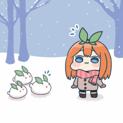Rule 34 | 1girl, :3, akino ell, bare tree, black pantyhose, blue eyes, blush stickers, boots, brown footwear, brown jacket, chibi, closed mouth, day, fringe trim, gloves, go-toubun no hanayome, green hairband, green ribbon, hair ribbon, hairband, jacket, long sleeves, nakano yotsuba, notice lines, orange hair, outdoors, pantyhose, red gloves, ribbon, scarf, shadow, snow, snow rabbit, snowing, solo, standing, striped clothes, striped scarf, tree