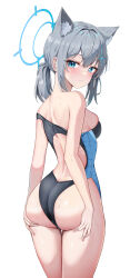 Rule 34 | 1girl, absurdres, animal ear fluff, animal ears, ass, bare arms, bare legs, bare shoulders, black one-piece swimsuit, blue archive, blue eyes, blue halo, blush, breasts, closed mouth, competition swimsuit, cowboy shot, cross hair ornament, extra ears, grey hair, hair ornament, halo, highres, li se, looking at viewer, medium breasts, medium hair, mismatched pupils, official alternate costume, one-piece swimsuit, shiroko (blue archive), shiroko (swimsuit) (blue archive), simple background, solo, swimsuit, white background, wolf ears