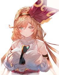 Rule 34 | 1girl, bare shoulders, between breasts, black hairband, blush, breasts, brown hair, clarisse (granblue fantasy), clarisse (valentine) (granblue fantasy), closed mouth, commentary request, detached sleeves, granblue fantasy, green eyes, hair between eyes, hair intakes, hairband, long hair, long sleeves, medium breasts, puffy long sleeves, puffy sleeves, shirt, simple background, simulated paizuri, sleeveless, sleeveless shirt, solo, tota (sizukurubiks), upper body, very long hair, white background, white shirt, white sleeves