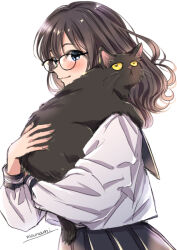 Rule 34 | 1girl, animal, artist name, black-framed eyewear, black cat, black skirt, blue eyes, brown hair, cat, closed mouth, commentary request, from side, glasses, holding, holding animal, long hair, long sleeves, looking at viewer, looking to the side, original, pleated skirt, school uniform, shirt, signature, simple background, skirt, smile, solo, sugano manami, upper body, white background, white shirt
