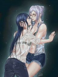 Rule 34 | 2girls, against wall, black bra, black hair, blue eyes, blush, bra, breasts, brown eyes, cleavage, collared shirt, dark background, glasses, gumbat, hand on another&#039;s head, hand on own hip, hand on wall, holding head, kurihara mari (prison school), lips, long hair, looking at another, multiple girls, nervous sweating, open clothes, open shirt, pants, prison school, see-through, see-through shirt, shiraki meiko, shirt, shorts, simple background, sleeves rolled up, sweat, sweaty clothes, thighs, underwear, very sweaty, wet, wet clothes, white hair, wife and wife, yuri