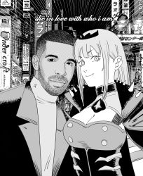 Rule 34 | 1boy, 1girl, absurdres, beard, breasts, building, buzz cut, cleavage, cleavage cutout, closed mouth, clothing cutout, drake (rapper), english text, facial hair, greyscale, highres, hololive, hololive english, jacket, looking at viewer, medium breasts, monochrome, mori calliope, outdoors, real life, short hair, spikes, suit jacket, tiara, turtleneck, upper body, very short hair, virtual youtuber, xyanaid
