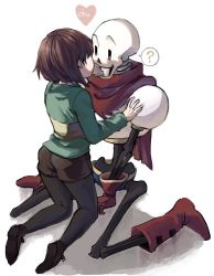 Rule 34 | 1boy, 1other, androgynous, armor, black legwear, chara (undertale), gloves, pantyhose, papyrus (undertale), scarf, shirt, shorts, shousan (hno3syo), skeleton, smile, source request, striped clothes, striped shirt, teeth, undertale