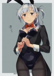 Rule 34 | 1girl, alternate costume, animal ears, black leotard, black pantyhose, blush, bow, bowtie, breasts, fake animal ears, grey background, grey eyes, hair ornament, hairclip, kantai collection, leotard, long sleeves, makio (makiomeigenbot), medium breasts, one side up, pants, pantyhose, playboy bunny, rabbit ears, red bow, red bowtie, signature, silver hair, simple background, smile, solo, suzutsuki (kancolle), thighband pantyhose, two-tone background, wrist cuffs
