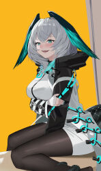 Rule 34 | 1girl, :d, absurdres, aqua eyes, aqua nails, arknights, black pantyhose, blush, breasts, clothing cutout, coat, dress, grey hair, head wings, highres, ho&#039;olheyak (arknights), large breasts, long hair, long sleeves, looking at viewer, open clothes, open coat, open mouth, pantyhose, simple background, sitting, smile, solo, tail, tail through clothes, white coat, white dress, wings, wuzhu nis, yellow background