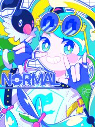 Rule 34 | 1girl, 8ra jelly, \m/, animal print, bird, bird print, black gloves, blue eyes, blue hair, chatot, creatures (company), fingerless gloves, game freak, gen 4 pokemon, gloves, hatsune miku, highres, long hair, looking at viewer, nintendo, normal miku (project voltage), pokemon, pokemon (creature), project voltage, shirt, solo, twintails, very long hair, vocaloid, white shirt