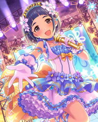 Rule 34 | 10s, 1girl, artist request, bare shoulders, black eyes, blue hair, blush, bow, card (medium), choker, collarbone, dress, flower, frills, gloves, hair flower, hair ornament, hairband, idol, idolmaster, idolmaster cinderella girls, looking at viewer, microphone, music, official art, okazaki yasuha, open mouth, outstretched hand, short hair, singing, smile, solo, stage, star (sky)
