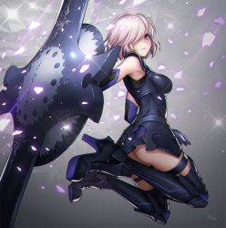 Rule 34 | 1girl, armor, ass, boots, elbow gloves, fate/grand order, fate (series), from side, full body, gloves, grey background, hair over one eye, high heel boots, high heels, jewelry, lens flare, looking at viewer, mash kyrielight, masin0201, panties, purple eyes, shield, short hair, silver hair, sleeveless, solo, thigh strap, thighhighs, underwear, weapon