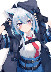 Rule 34 | 1girl, ahoge, animal ear fluff, animal ears, arms up, black gloves, black jacket, blue hair, blue skirt, breasts, collared shirt, commentary request, dress shirt, fingerless gloves, gloves, grey hair, hair between eyes, head tilt, highres, hood, hood up, hooded jacket, jacket, looking at viewer, multicolored hair, necktie, nibiiro shizuka, original, pleated skirt, purple eyes, red necktie, shirt, short sleeves, simple background, skirt, small breasts, solo, streaked hair, two-tone hair, white background, white shirt