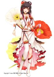 Rule 34 | 1girl, :d, bare shoulders, black hair, boots, dress, flower, flower knight girl, full body, hair flower, hair ornament, knee boots, looking at viewer, monety, name connection, object namesake, official art, open mouth, own hands together, poppy (flower), poppy (flower knight girl), red eyes, short hair, smile, solo, standing, strapless, strapless dress, sword, thighlet, weapon, white dress, white footwear