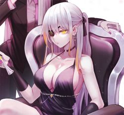 Rule 34 | 2girls, bad id, bad pixiv id, beak (girls&#039; frontline), black dress, breasts, cleavage, commentary, cup, dress, drinking glass, eyepatch, formal, girls&#039; frontline, large breasts, m16a1 (boss) (girls&#039; frontline), multiple girls, nlitz, out of frame, sangvis ferri, scar, scar across eye, scar on face, suit, white hair, wine glass, yellow eyes