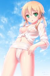 Rule 34 | 10s, 1girl, alternate costume, anchor hair ornament, arisu kazumi, artist name, blonde hair, breasts, cameltoe, chestnut mouth, cloud, collarbone, cowboy shot, day, dutch angle, eyebrows, fundoshi, green eyes, groin, hair ornament, happi, japanese clothes, kantai collection, legs apart, looking at viewer, low twintails, navel, nipples, open mouth, prinz eugen (kancolle), see-through, shiny skin, short hair, short sleeves, sky, small breasts, smile, solo, standing, stomach, sweat, tareme, twintails