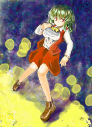 Rule 34 | 1girl, ascot, bad id, bad pixiv id, breasts, female focus, frown, green hair, hand on own chest, highres, hokamichi, kazami yuuka, knees together feet apart, red eyes, short hair, skirt, skirt set, solo, taji (crowview), touhou, vest