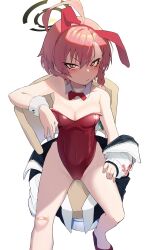 Rule 34 | 1girl, animal ears, bandaid, bandaid on knee, bandaid on leg, blue archive, blush, bow, bowtie, breasts, chair, cleavage, closed mouth, detached collar, fake animal ears, from above, ggaebchun, hair between eyes, halo, highres, jacket, korean commentary, leotard, looking at viewer, medium breasts, mole, mole under eye, neru (blue archive), neru (bunny) (blue archive), open clothes, open jacket, pink hair, playboy bunny, rabbit ears, red bow, red bowtie, red eyes, red leotard, shoes, simple background, sitting, solo, strapless, strapless leotard, sukajan, white background, white jacket, wrist cuffs