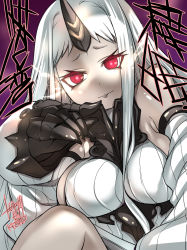 Rule 34 | 10s, 1girl, abyssal ship, bad id, bad pixiv id, breasts, dress, horns, kantai collection, large breasts, long hair, looking at viewer, parted lips, ribbed dress, seaport princess, single horn, solo, tokita monta, translation request, white hair