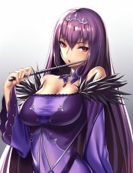 Rule 34 | 1girl, bare shoulders, breasts, cleavage, detached collar, fate/grand order, fate (series), fur trim, gradient background, hair between eyes, highres, holding, holding wand, large breasts, long hair, long sleeves, open mouth, purple hair, red eyes, scathach (fate), scathach skadi (fate), solo, straight hair, takanashi-a, tiara, very long hair, wand, wide sleeves