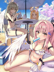 Rule 34 | 3girls, absurdres, alternate costume, alternate hairstyle, angel wings, animal ear fluff, animal ears, arm support, armlet, ass, beach, bikini, black bikini, blonde hair, blue archive, blue sky, blunt bangs, blurry, braid, breasts, cleavage, cloud, cloudy sky, collarbone, commentary request, cooler, crown braid, cup, depth of field, feathered wings, food in mouth, forehead, fox ears, fox girl, frilled bikini, frills, grey hair, hair between eyes, hair ornament, hair scrunchie, halo, hamu (hvmzld123), highres, holding, holding cup, innertube, long hair, looking at viewer, lying, medium breasts, mika (blue archive), multiple girls, nagisa (blue archive), navel, ocean, on chair, on side, orange eyes, outdoors, parted bangs, pink hair, ponytail, popsicle, popsicle in mouth, scrunchie, seia (blue archive), sidelocks, sitting, sky, sleeveless, smile, stomach, swim ring, swimsuit, table, teacup, thighlet, white bikini, white wings, wings, wrist scrunchie, yellow eyes
