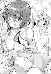 Rule 34 | 2girls, :o, ;d, bikini, bikini bottom only, blush, breasts, cleavage, collarbone, commentary request, fingernails, flower, greyscale, groin, hair between eyes, hair flower, hair ornament, hairclip, heart, heart-shaped pupils, highres, holding, holding stylus, hood, hood down, hooded jacket, jacket, kurou (quadruple zero), large breasts, long hair, long sleeves, looking at viewer, low twintails, mole, mole on breast, mole under eye, monochrome, multiple girls, navel, nose blush, off shoulder, one eye closed, open clothes, open jacket, open mouth, original, parted lips, side-tie bikini bottom, sleeves past wrists, small breasts, smile, stylus, swimsuit, symbol-shaped pupils, twintails, untied bikini, x hair ornament