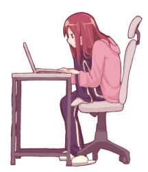 Rule 34 | 1girl, black pants, brown hair, commentary request, computer, from side, full body, hood, hooded jacket, jacket, knee up, laptop, long hair, long sleeves, looking at screen, original, pants, pink jacket, profile, simple background, sitting, slippers, solo, swivel chair, table, tonmoh, white background, white footwear