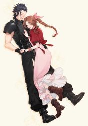 Rule 34 | 1boy, 1girl, absurdres, aerith gainsborough, armor, black gloves, black hair, boots, bracelet, braid, braided ponytail, brown hair, closed eyes, couple, dress, final fantasy, final fantasy vii, final fantasy vii remake, full body, gloves, hair ribbon, hand on another&#039;s chest, hand on another&#039;s hand, hand on another&#039;s hip, happy, highres, holding hands, jacket, jewelry, long dress, long hair, open mouth, pink dress, pink ribbon, red jacket, ribbon, shoulder armor, simite, simple background, smile, spiked hair, sweater, turtleneck, turtleneck sweater, zack fair