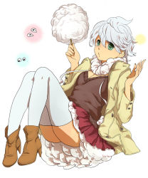 Rule 34 | boots, breasts, character request, cleavage, cotton candy, full body, green eyes, high heels, holding, jacket, long sleeves, open clothes, open jacket, short hair, skirt, solo, thighhighs, white background, white thighhighs, youkai hyakki-tan!
