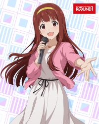 Rule 34 | 1girl, brown eyes, brown hair, card (medium), hairband, idolmaster, idolmaster million live!, idolmaster million live! theater days, jewelry, microphone, necklace, official art, solo, tanaka kotoha