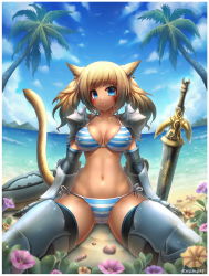 Rule 34 | 10s, 1girl, animal ears, armor, bad id, bad pixiv id, beach, bikini, bikini armor, blonde hair, blue eyes, breasts, cameltoe, cat ears, cat girl, cat tail, chainmail, clitoris, cloud, cloudy sky, covered erect nipples, day, earrings, emperpep, erect clitoris, facial mark, final fantasy, final fantasy xiv, fisheye, flower, gauntlets, greaves, highres, horizon, jewelry, large breasts, miqo&#039;te, mountain, navel, ocean, outdoors, palm tree, pauldrons, sand, seashell, shell, shield, shoulder armor, side-tie bikini bottom, sitting, sky, smile, solo, striped bikini, striped clothes, swimsuit, sword, tail, tree, twintails, water, weapon