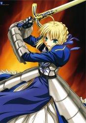 Rule 34 | 00s, absurdres, armor, artoria pendragon (all), artoria pendragon (fate), blonde hair, fate/stay night, fate (series), green eyes, highres, ishihara megumi, saber (fate), scan, solo, sword, weapon