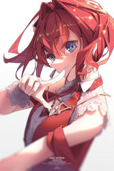 Rule 34 | 1girl, ange katrina, ange katrina (3rd costume), blue eyes, blush, bridal gauntlets, character name, closed mouth, dated, dress, hair between eyes, hair intakes, highres, jewelry, kuro-kun (nablack), looking at viewer, necklace, nijisanji, red dress, red hair, short hair, simple background, solo, upper body, virtual youtuber, white background
