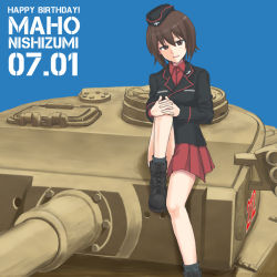 Rule 34 | 1girl, ankle boots, black footwear, black hat, black jacket, black socks, boots, brown eyes, brown hair, character name, closed mouth, commentary, dated, dress shirt, english text, garrison cap, girls und panzer, half-closed eyes, happy birthday, hat, head tilt, hugging own legs, insignia, jacket, knee up, kuromorimine military uniform, long sleeves, looking at viewer, military, military hat, military uniform, military vehicle, miniskirt, motor vehicle, mutsu (layergreen), nishizumi maho, pleated skirt, red shirt, red skirt, shirt, short hair, sitting, skirt, smile, socks, solo, tank, tiger i, uniform, wing collar