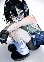 Rule 34 | 1girl, bandaid, bandaid on face, bandaid on nose, bare arms, bare shoulders, black footwear, black gloves, black hair, black shorts, blue eyes, cable, cassette player, cuts, fingerless gloves, from side, full body, fur footwear, gloves, green shirt, headphones, highres, injury, long bangs, looking at viewer, looking to the side, loose socks, original, own hands together, self-harm, shirt, short hair, shorts, simple background, sleeveless, sleeveless shirt, slippers, socks, solo, spiked gloves, squatting, straight hair, tongue, tongue out, urokogaran, white background, white socks