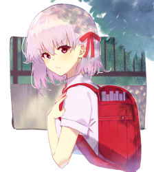 1girl backpack bad_id bad_pixiv_id bag blush breasts chip_le_cree collared_shirt contemporary fate/grand_order fate_(series) hair_ribbon highres kama_(fate) looking_at_viewer red_eyes red_ribbon ribbon school_uniform shirt short_hair short_sleeves silver_hair small_breasts solo white_shirt