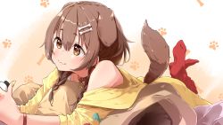 Rule 34 | 1girl, :3, animal ears, blush, bone hair ornament, bone print, braid, brown eyes, brown hair, choker, closed mouth, commentary request, controller, dog ears, dog girl, dog tail, dress, feet, game controller, hair between eyes, hair ornament, highres, holding, holding controller, hololive, inugami korone, inugami korone (1st costume), jacket, lying, medium hair, nail polish, off shoulder, on stomach, patterned background, paw print, paw print background, red choker, red socks, side braids, simple background, smile, socks, soles, solo, tail, the pose, twin braids, virtual youtuber, white dress, wristband, yellow jacket, yellow nails, yuyaiyaui