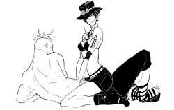 Rule 34 | 1boy, 1girl, belt, boots, couple, freckles, genderswap, genderswap (mtf), hat, jewelry, marco (one piece), monochrome, muscular, necklace, one piece, pirate, portgas d. ace, sandals, shorts, sitting, straddling, tattoo