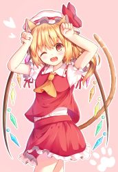 Rule 34 | 1girl, animal ears, arms up, ascot, blonde hair, blush, cat ears, cat tail, cowboy shot, eyebrows, flandre scarlet, hat, hat ribbon, heart, kemonomimi mode, looking at viewer, miniskirt, mob cap, one eye closed, paw pose, paw print, puffy short sleeves, puffy sleeves, red eyes, red ribbon, red skirt, ribbon, shiero., shirt, short sleeves, side ponytail, simple background, skirt, skirt set, smile, solo, tail, touhou, vest, white shirt, wings
