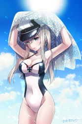 Rule 34 | 10s, 1girl, adapted costume, armpits, artist name, blonde hair, blue eyes, breasts, cleavage, cloud, cloudy sky, collarbone, cowboy shot, day, graf zeppelin (kancolle), hair between eyes, hat, highres, kantai collection, large breasts, long hair, omoomomo, one-piece swimsuit, outdoors, peaked cap, sidelocks, signature, sky, solo, sun, swimsuit, thighs, twintails