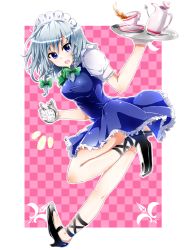 Rule 34 | 1girl, blue dress, blue eyes, braid, breasts, cup, dress, gloves, high heels, highres, hiromaru0322, izayoi sakuya, large breasts, maid, maid headdress, open mouth, pocket watch, puffy short sleeves, puffy sleeves, shirt, short sleeves, silver hair, solo, spilling, spoon, teacup, teapot, touhou, tray, twin braids, watch, white gloves
