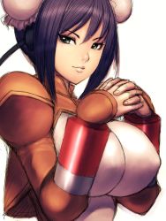Rule 34 | 1girl, aq interactive, arcana heart, atlus, blue hair, breasts, bun cover, cable, chinese clothes, double bun, examu, fumio (rsqkr), green eyes, own hands clasped, huge breasts, mei-fang, own hands together, purple hair, short hair, shrug (clothing), smile, solo