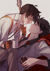 Rule 34 | 2boys, artist name, bad id, bad twitter id, bandaged neck, bandages, cape, coffee mug, collared shirt, commentary request, cross, cup, ecru, facial hair, flask, grey background, jewelry, male focus, mug, multiple boys, necklace, oscar pine, qrow branwen, rwby, shirt, simple background, spoilers, stubble, yaoi