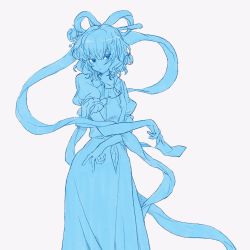 Rule 34 | 1girl, between fingers, blue eyes, blue theme, breasts, dress, expressionless, feet out of frame, hagoromo, hair between eyes, hair ornament, hair rings, hair stick, highres, holding, holding paper, kaku seiga, ladenaku, looking to the side, medium hair, monochrome, ofuda, ofuda between fingers, paper, puffy short sleeves, puffy sleeves, shawl, short sleeves, simple background, small breasts, solo, standing, touhou, vest, white background