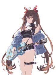 Rule 34 | 1girl, absurdres, black shorts, blue jacket, breasts, brown hair, cable, cleavage, cqc no hashi neko, crop top, cutoffs, electric guitar, flower-shaped pupils, genshin impact, grin, guitar, highres, holding, holding instrument, hu tao (genshin impact), instrument, jacket, legs, long hair, medium breasts, midriff, navel, off shoulder, red eyes, short shorts, shorts, simple background, smile, solo, stomach, symbol-shaped pupils, thigh strap, thighs, twintails, very long hair, white background, zipper pull tab